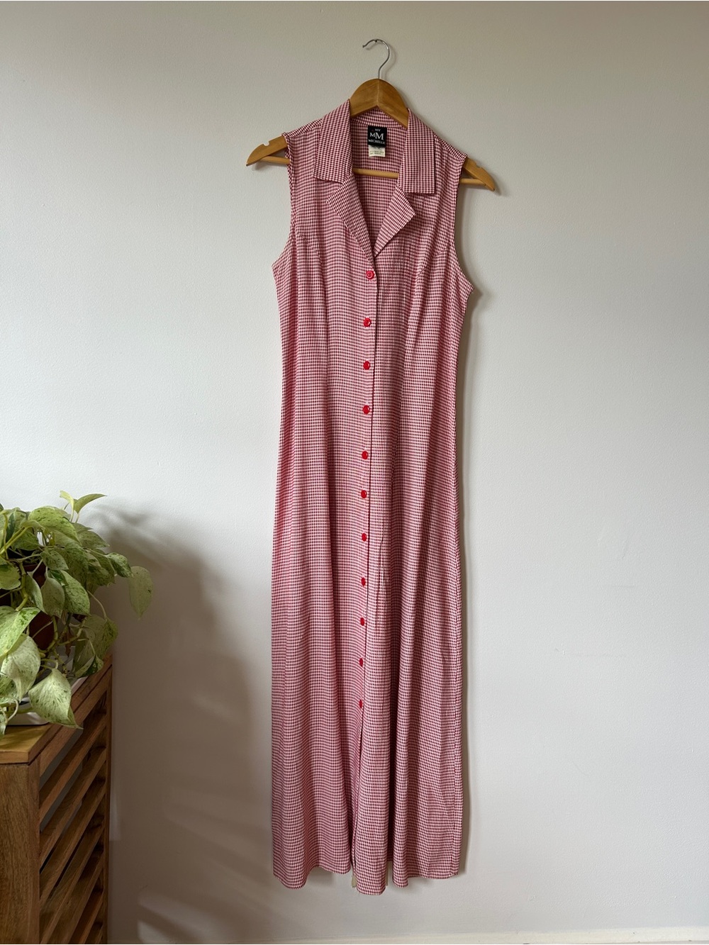 Vintage My Michelle Pink Red Gingham Sleeveless Button-Down Maxi Dress